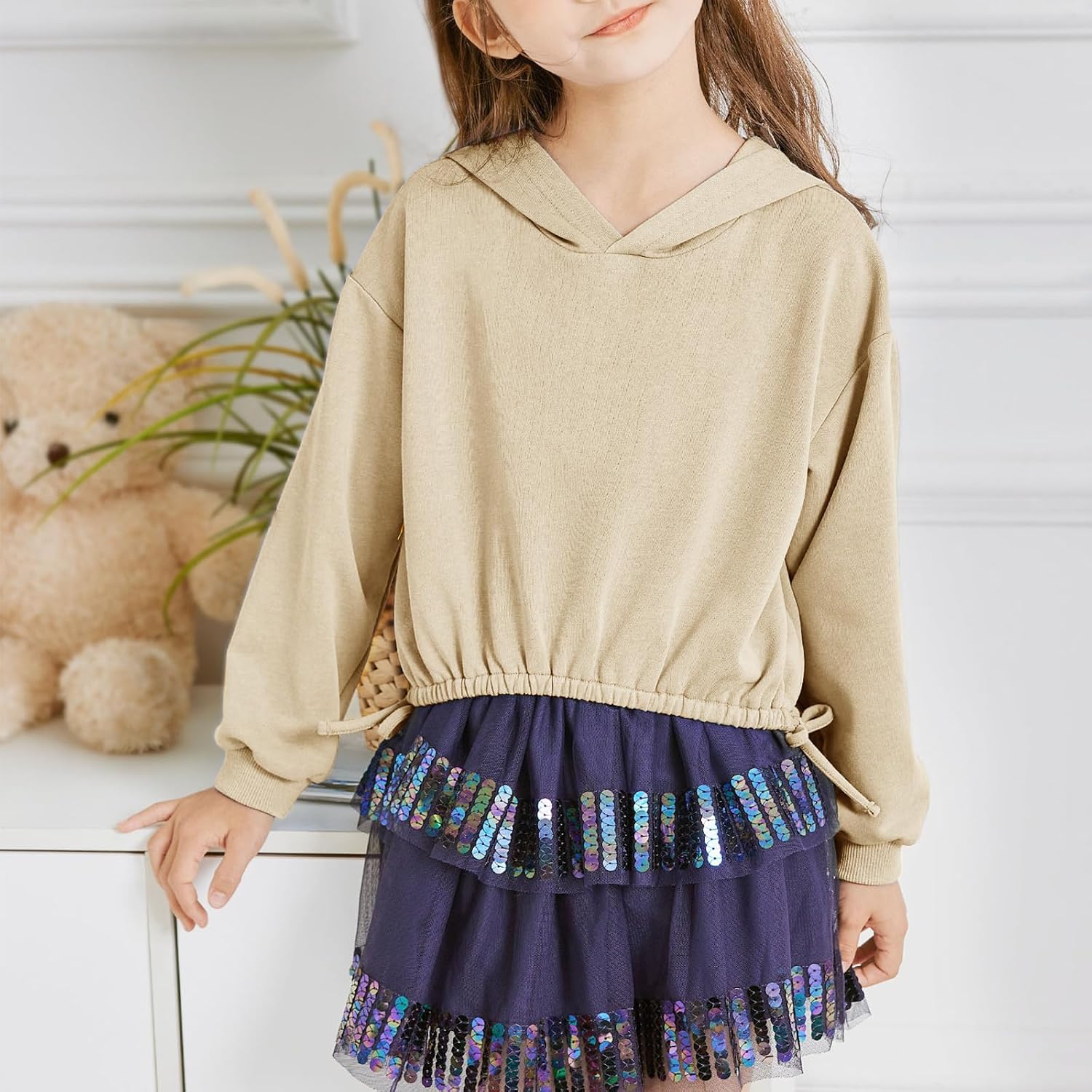 Girls Crop Tops Hoodies Long Sleeve Cute Shirring Tied Design Dancing Fashion Pullover Sweatshirts for 5-14 Years