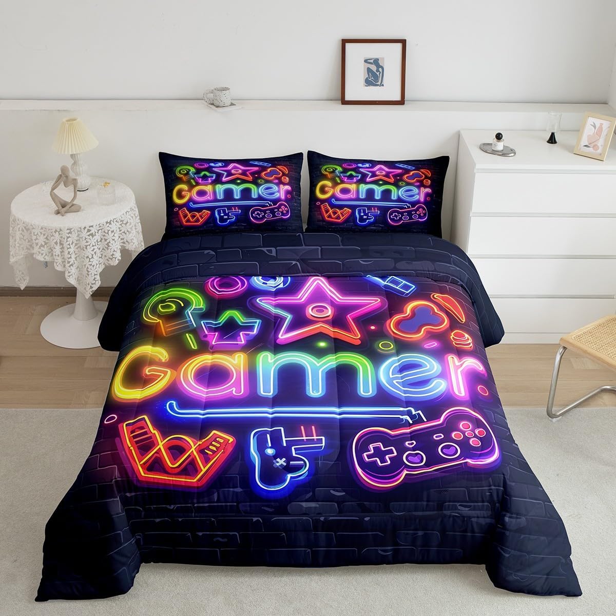 Neon Style Gamer Bedding Set Full Size,Brick Wall Gaming Theme Comforter Set for Kids Teens Boys Adults Room Decor,Video Games Equipment Duvet Insert 3Pcs,Modern Gamepad Quilt Set,2 Pillowcases