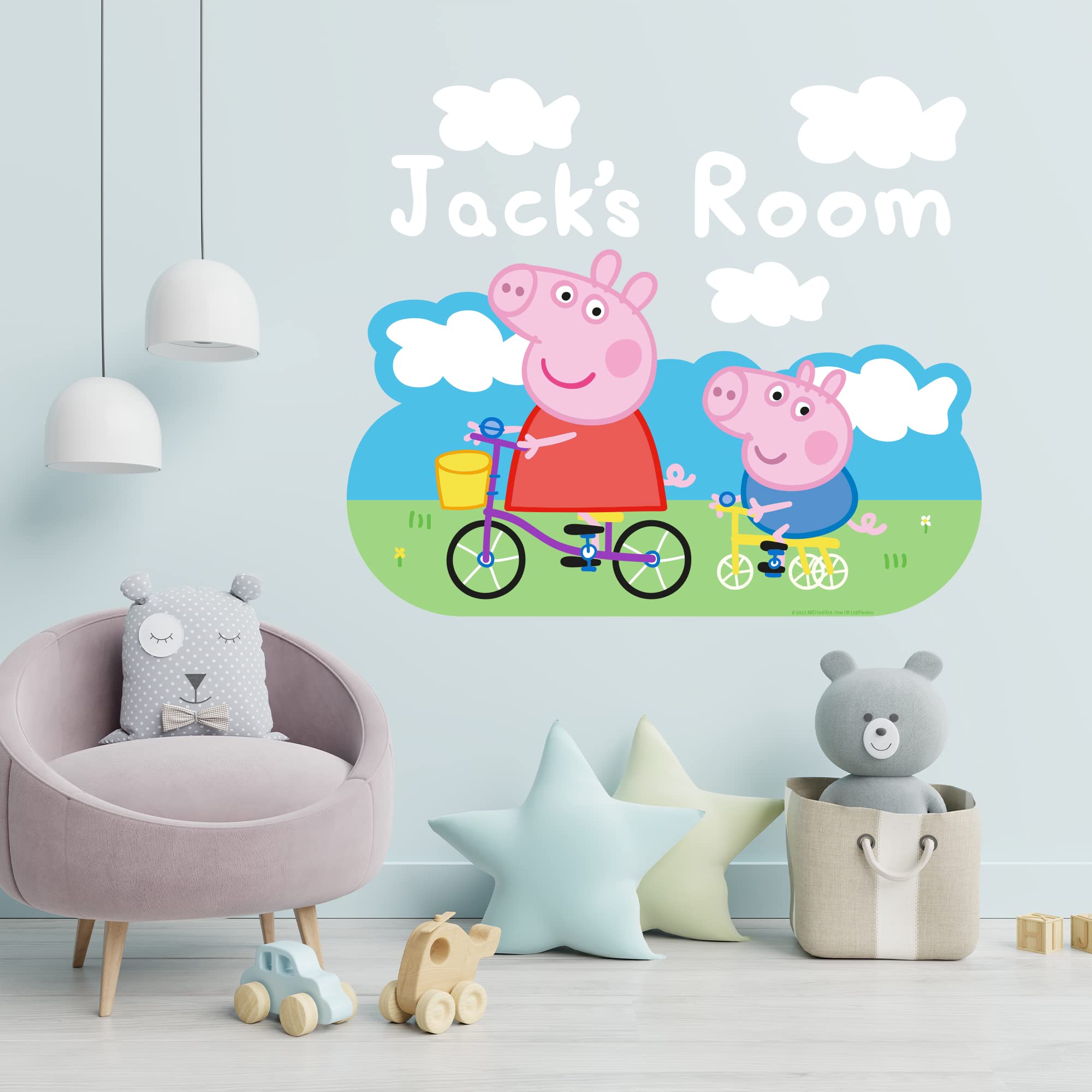 Peppa Pig Wall Sticker - Peppa and George Clouds Personalised Name Wall Decal Kids Art (90cm Width x 75cm Height)
