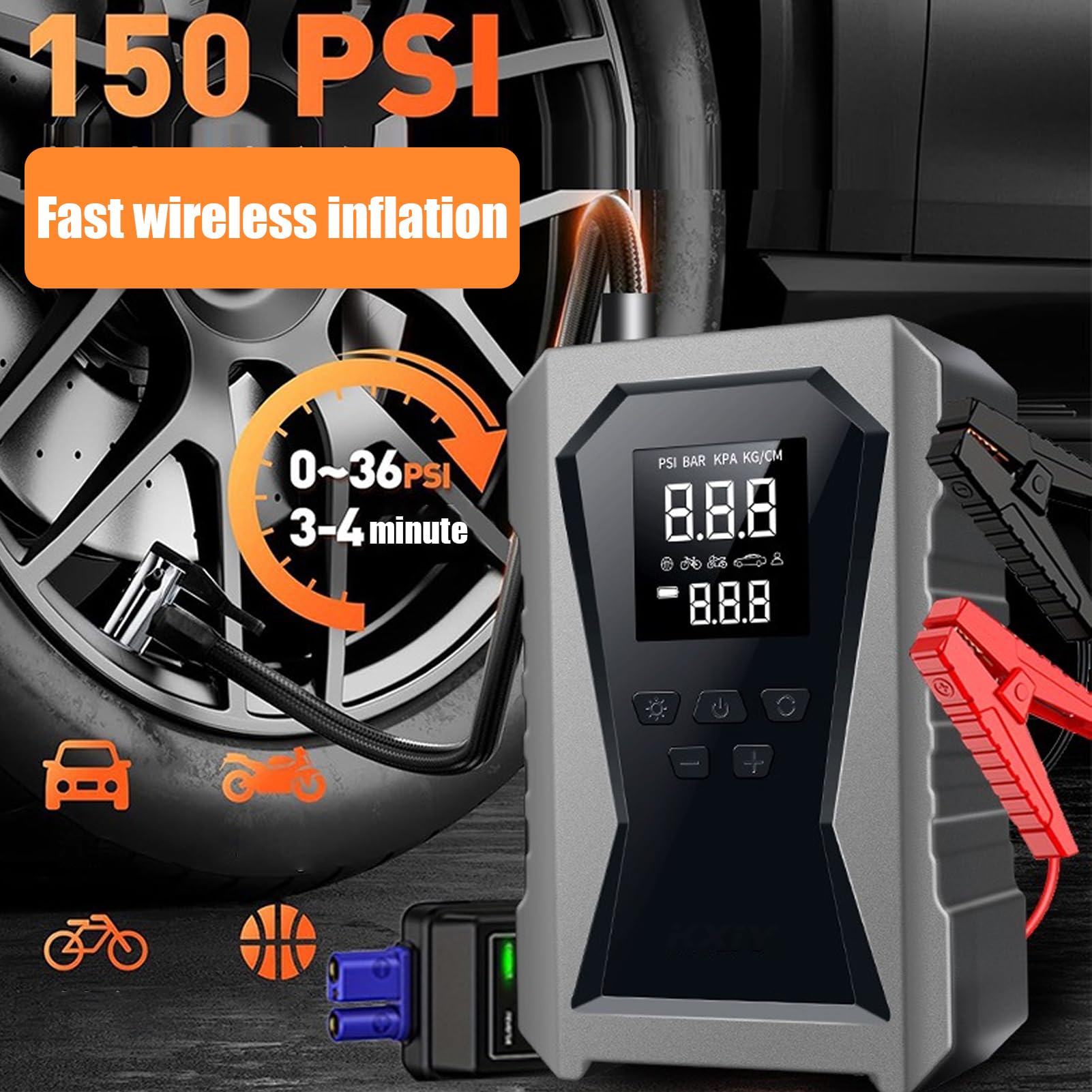 Przenośny rozrusznik z kompresorem powietrza, zestaw startowy 12 V z pompą oponową - bezprzewodowy wzmacniacz rozrusznika samochodowego, inteligentny cyfrowy power bank może być używany do samochodów
