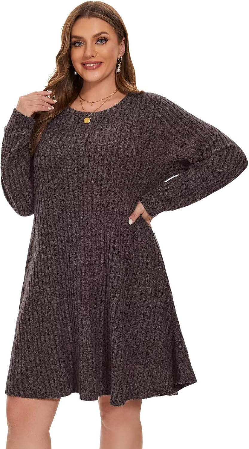 BELAROI Sweater Dress Plus Size Long Sleeve Ribbed Knit Crew Neck Casual Flowy Swing Tunic Pockets Dresses Fall Winter Oufits - Image 4