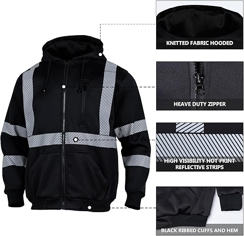 Miniatura 5 de VENDACE Sudadera de Forro Polar Reflectante de Alta Visibilidad ANSI Clase 3 para Hombres, Sudadera con Capucha de Alta Visibilidad con Cremallera