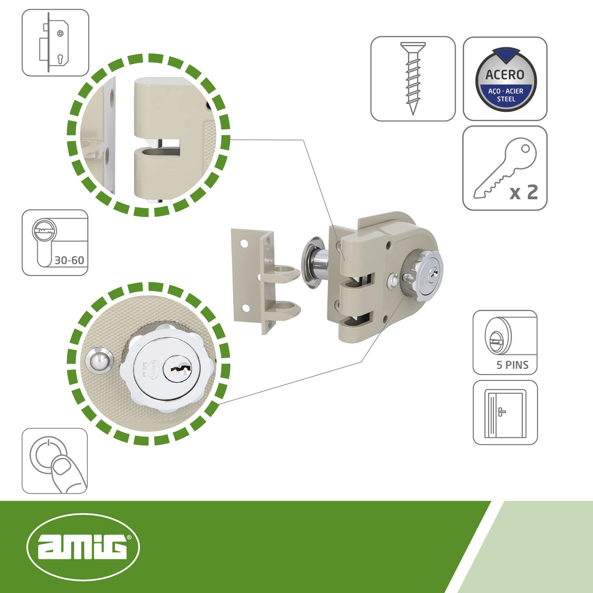 Amig - Aufschraubschloss DIN links mit Schließhebel, Falle und Ziehgriff für Holztüren Mod. 1396-60 mm - Riegel mit Innen- und Außenzylinder - Stahl beige