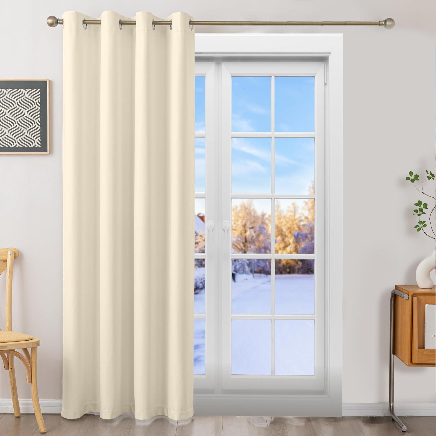 Flame-Retardant NFPA 701 Standard Curtain 96-inch Single Panel 100% Blackout Curtain Ideal for Bedrooms and Living Rooms Thermal Insulation Metal Ring Hanging System (52x96 inches, Beige)
