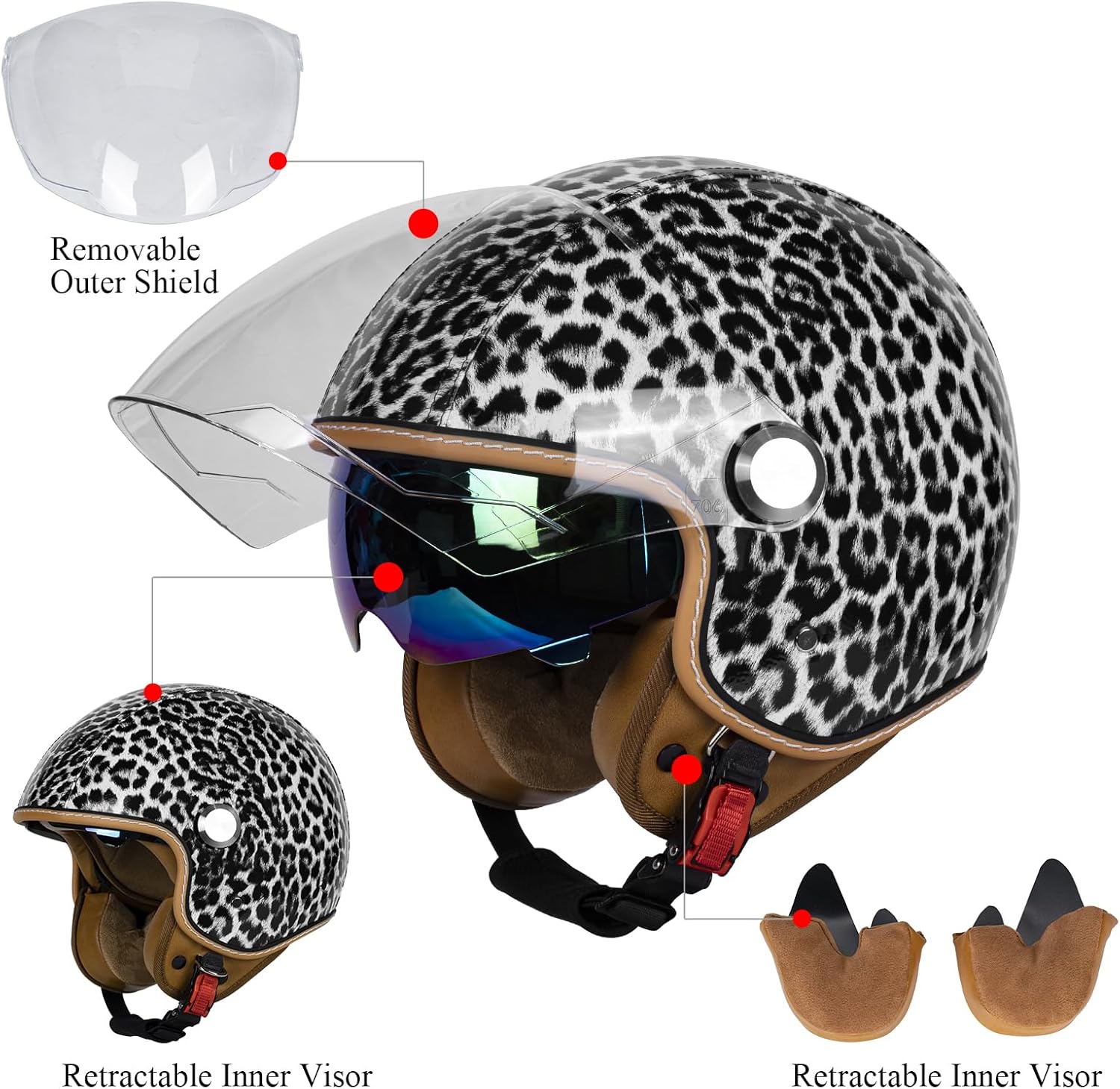 Vintage Glossy PU Leather 3/4 Motorcycle Helmet, DOT Certified Open Face Helmets with Dual Visor,Half Face Moped Helmet for Cruiser Scooter