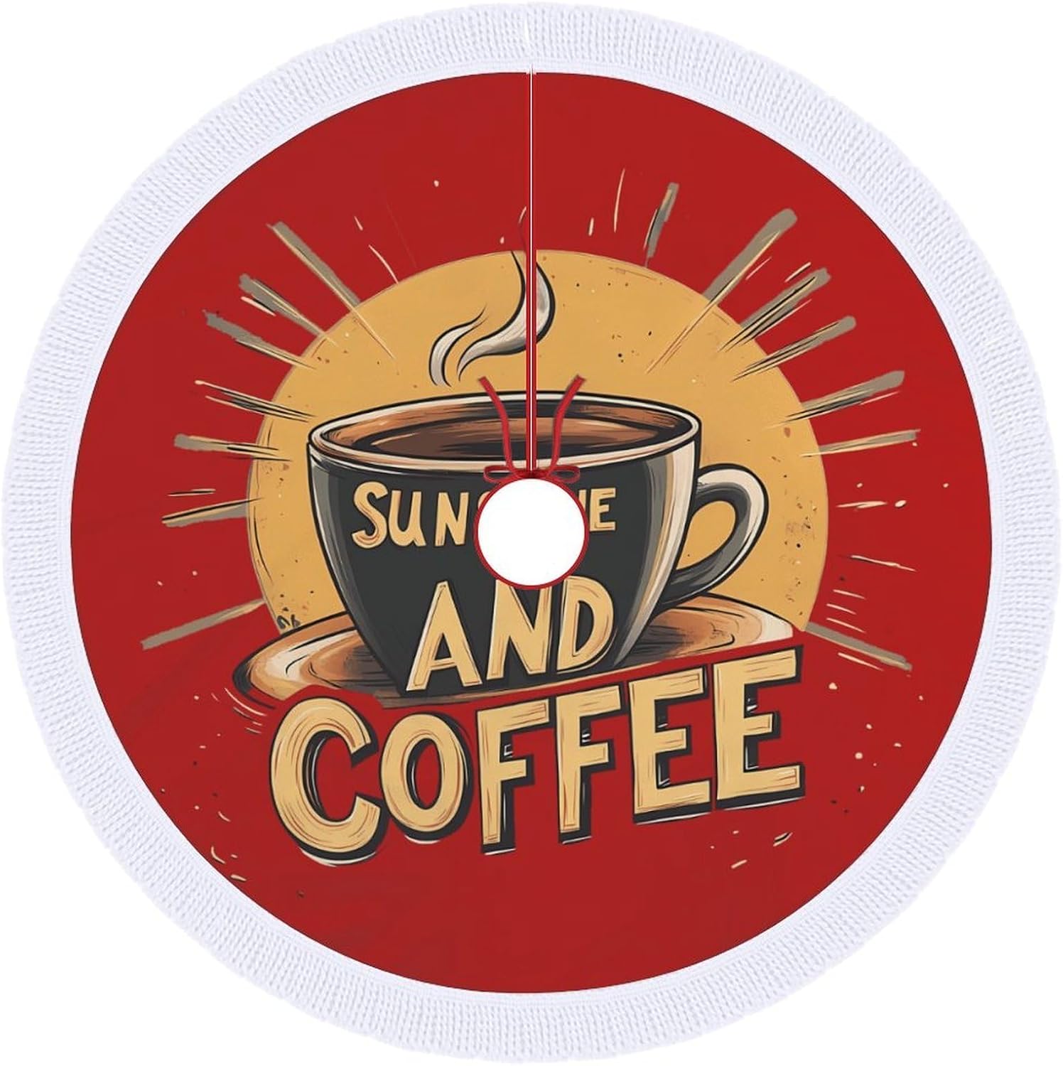 Sunshine and Coffee Christmas Tree Skirt Round Xmas Tree Mat Ornaments Tree Skirts with Tassels for Holiday Party