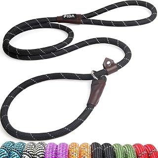 Fida Slip Rope Dog Lead | 1.8m, One-Size-Fits-All, Slip-On Rope Leash. Easy to Slip On, No Collar or Harness Needed. Durable & Weather Resistant Climbers Rope with Reflective Stitching (Black)