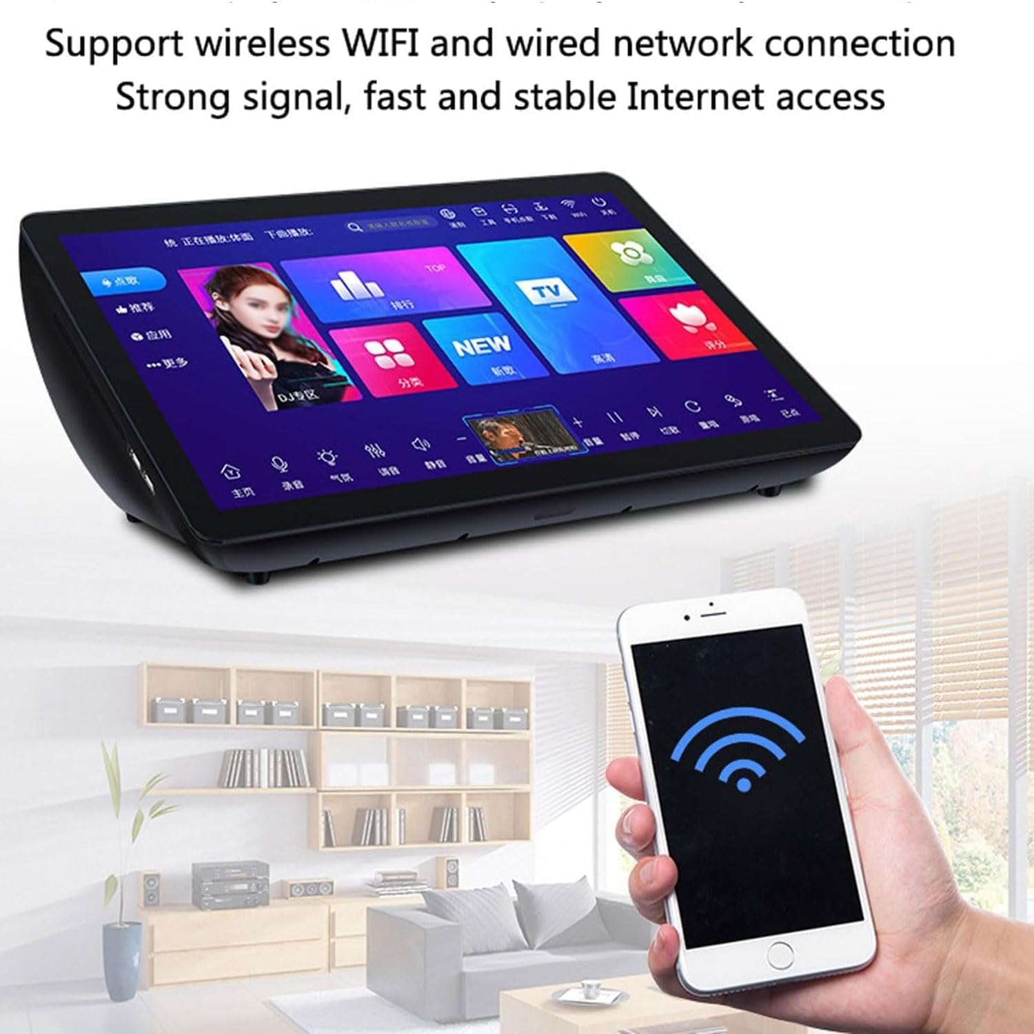 Macchina per karaoke professionale da 19,5 pollici, touch screen capacitivo a LED, con 2 microfoni wireless con riverbero, controllo app telefono, supporto 20 lingue, karaoke per feste in casa