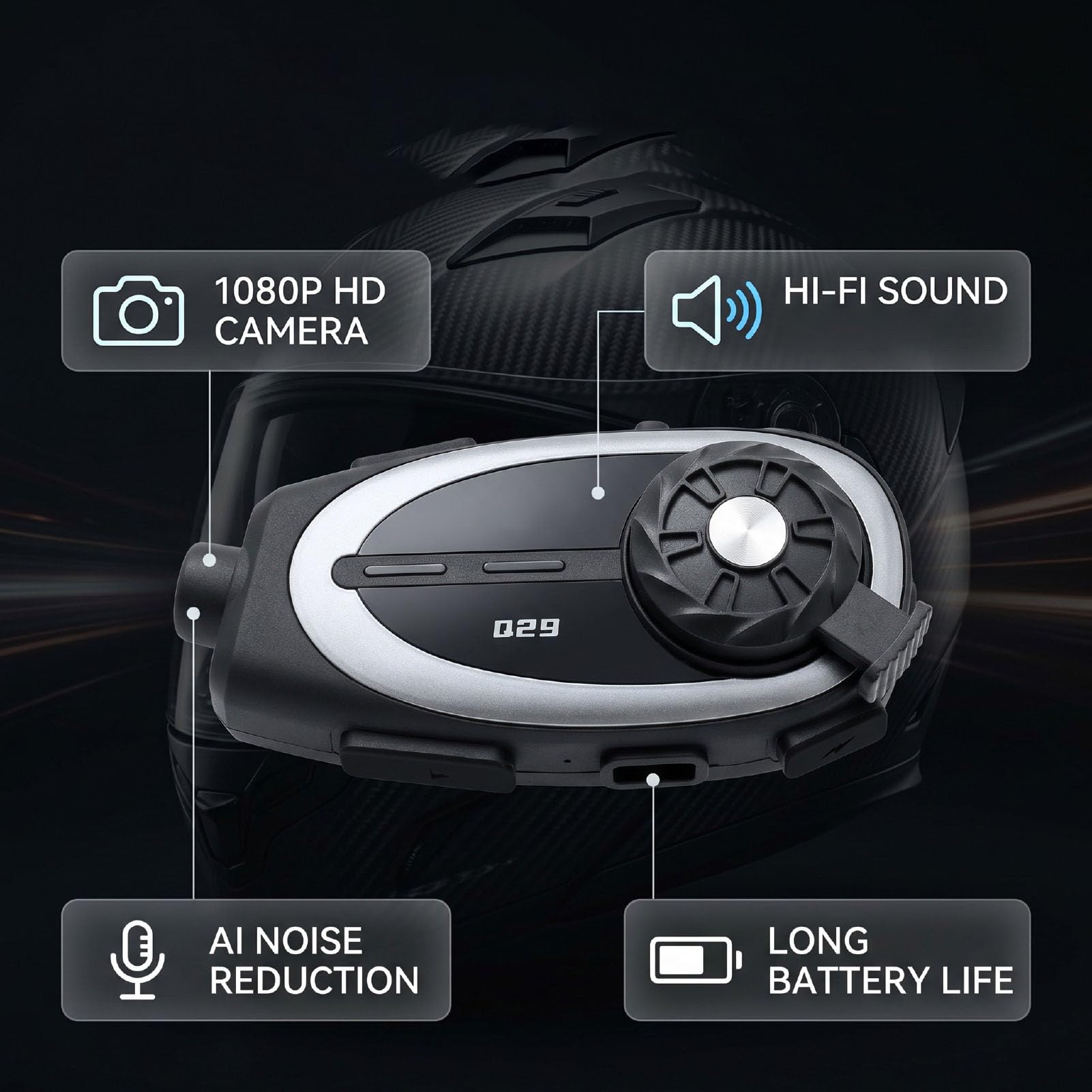 Denash Auricolare Bluetooth per Casco Moto, Altoparlante 40MM Suono HiFi IPX6 Fotocamera Impermeabile 1080P con Doppia Base Fissa, per Tutti i Caschi