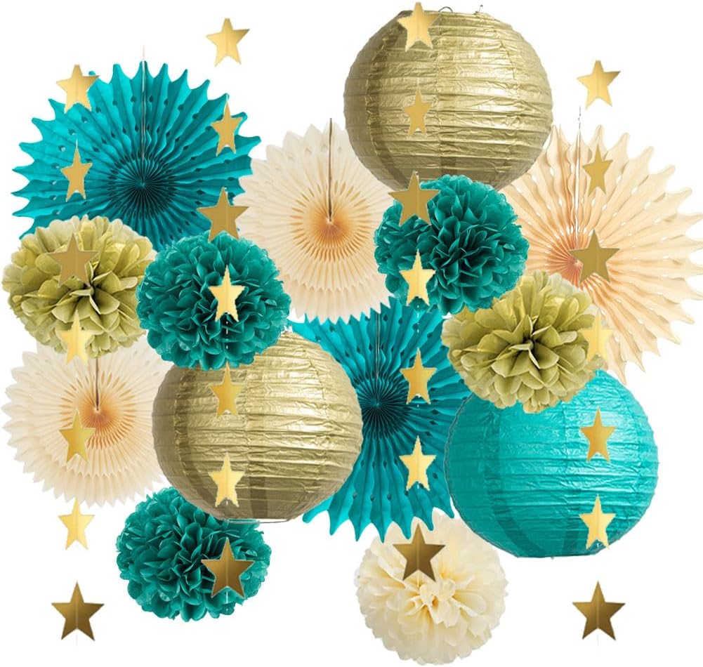 Teal and Gold Party Decorations Teal Blue Paper Lanterns Pom Poms Paper