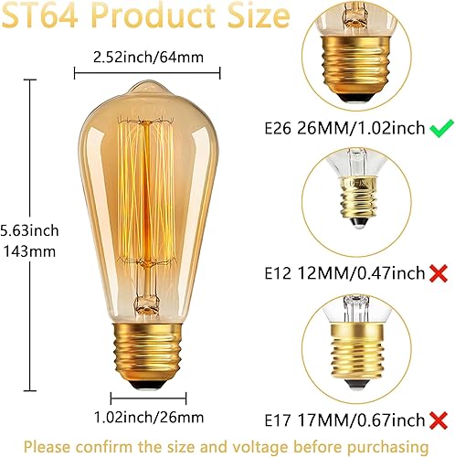 Miniatura 4 de Bombillas Edison antiguas de 110 V 60 W, paquete de 6 bombillas incandescentes decorativas ST64 de 280 lúmenes, 2200 K, ámbar, regulables, base