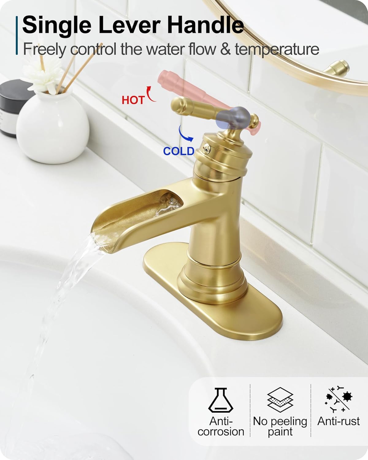 Gold Vessel Sink Faucet, HOIGY Waterfall Bathroom Sink Faucet 1 Hole Single Handle Bathroom Faucets for Sinks 4 Inch with Drain, Brass Tall Bathroom Faucets Single Handle 1 Hole
