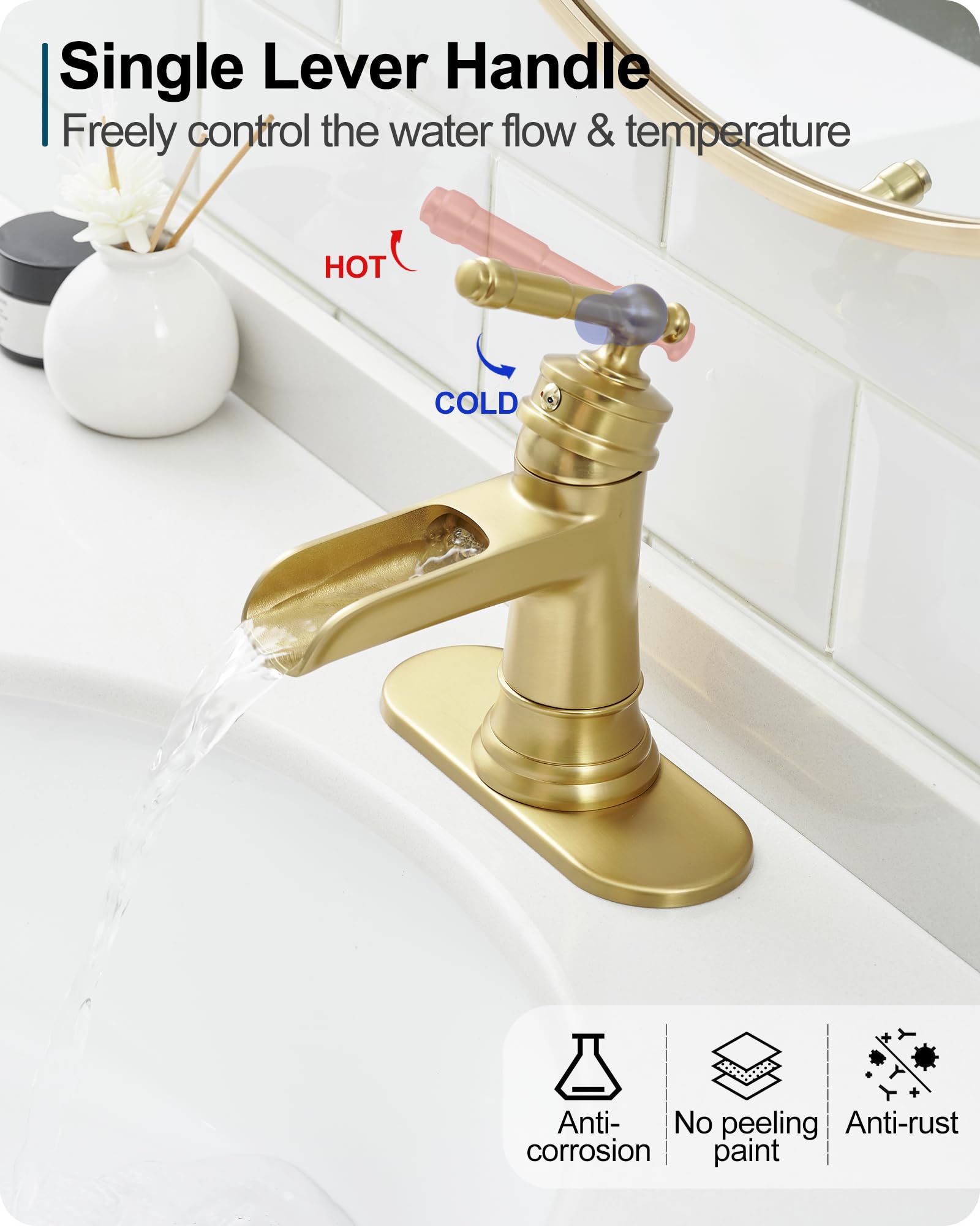 Waterfall Bathroom Sink Faucet Brass Gold Bathroom Faucet 1 Hole Single Handle Bathroom Faucets for Sinks 4 Inch — view 3