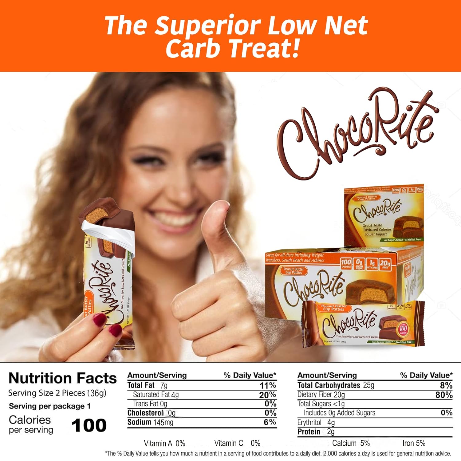 ChocoRite - Diet Peanut Butter Cup Patties- 16/Box - High Fiber - Low Calorie - No Sugar Added