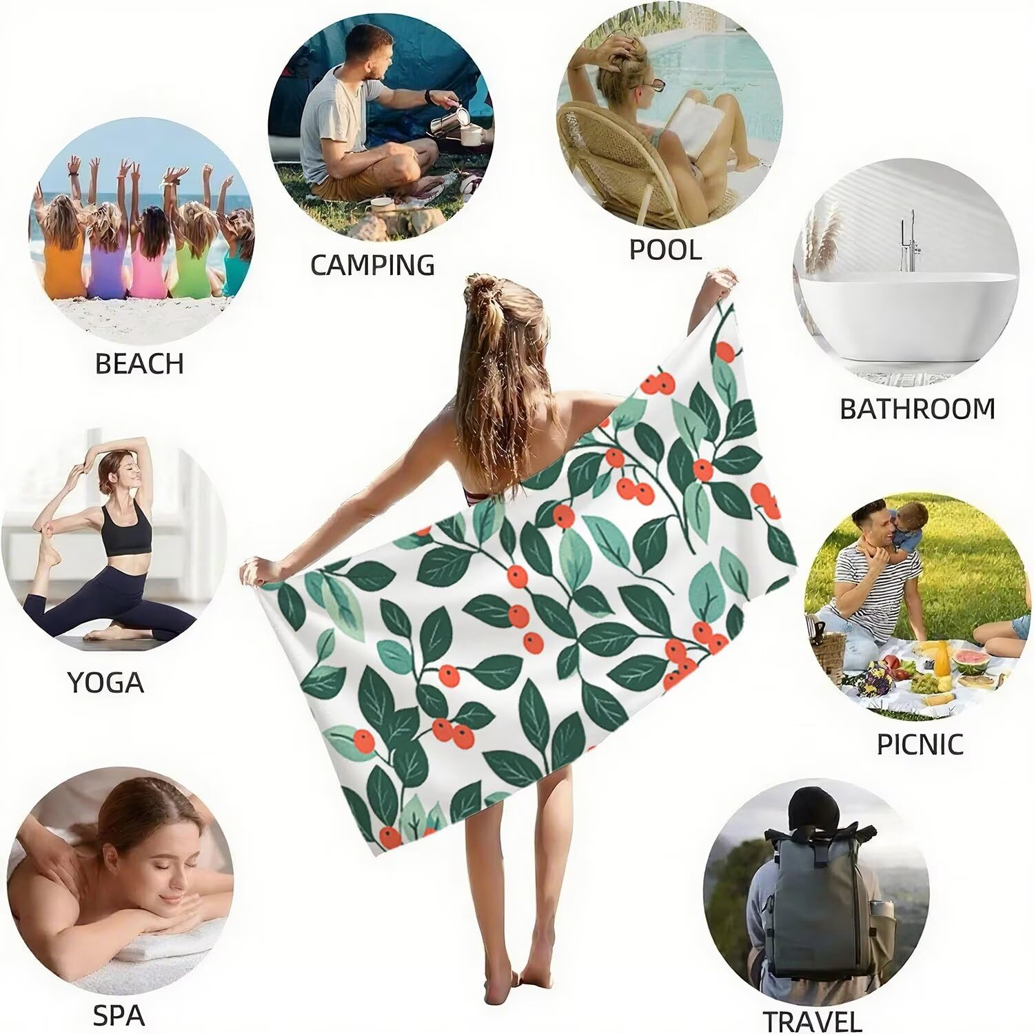 Toalla Playa Microfibra 150x200 Hoja Diseño Super Absorbente Sin Arena Toalla Playa, con Cuerda Elástica, Ligero, Hombre, Mujer Ideal Toallas de Baño, Aplicable Gimnasio,Viajes, Natación, Verde p-352