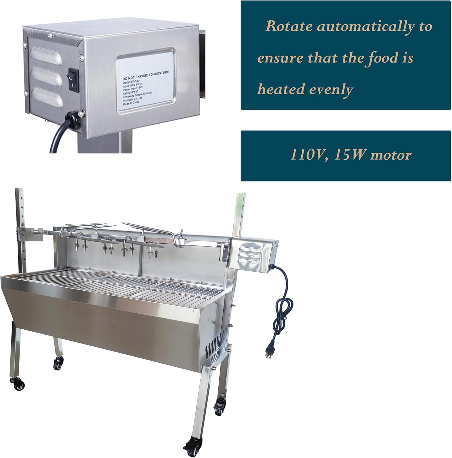 Roasted Lamb Grill Rotisserie Grill 34.65inch Length Charcoal or Wood Fueled with 4 Casters Stainless Steel Movable 15W
