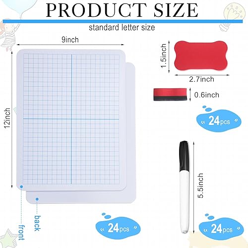 Miniatura 2 de Fulmoon Juego de 24 pizarras blancas con cuadrícula de borrado en seco XY Axis Graph de 9 x 12 pulgadas, pizarra blanca con bolígrafos y borradores,