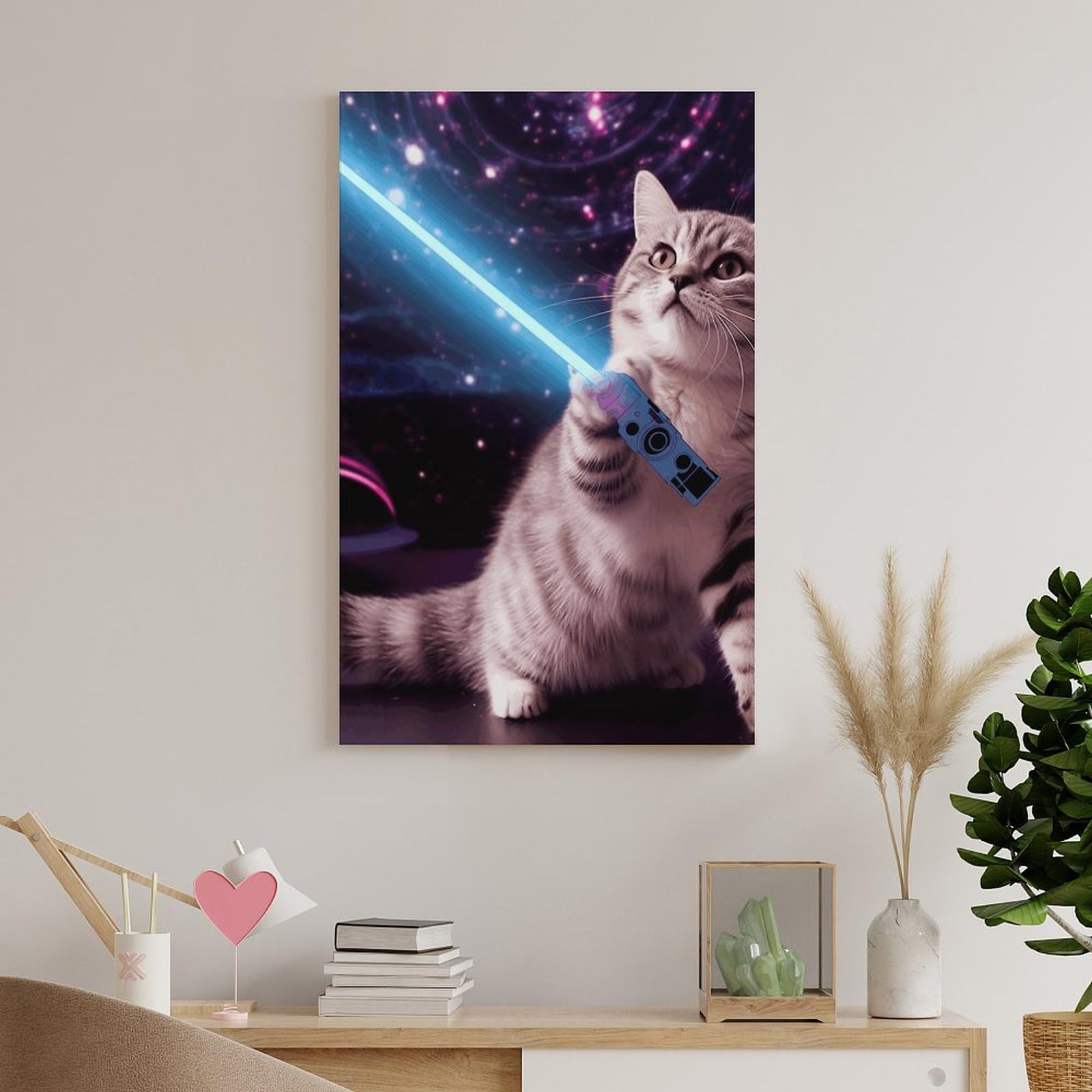 HEBVNJF Leinwandbild, Kunstwerk, Weltraum, Laserkatze, Neuheit, niedlich, lustig, Wandkunst, Wandkunstdruck, Poster für Wohnzimmer, Dekoration, Schlafzimmer, Büro