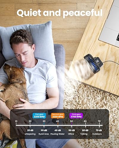Vista 39 de Gaiatop Ventilador de escritorio USB, pequeño pero potente, portátil, silencioso, 3 velocidades, mini ventilador de escritorio ajustable