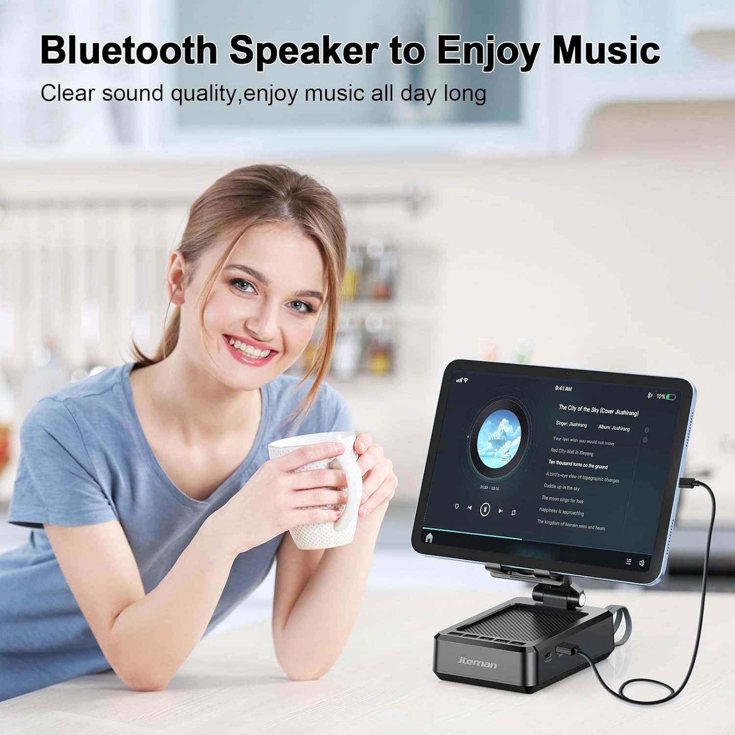 Jteman Cell Phone Stand Bluetooth Speaker with Built-in Cables,Foldable Adjustable Holder,All-in-One Audio Stand for iPhone Android,Birthday Gifts for Men Women