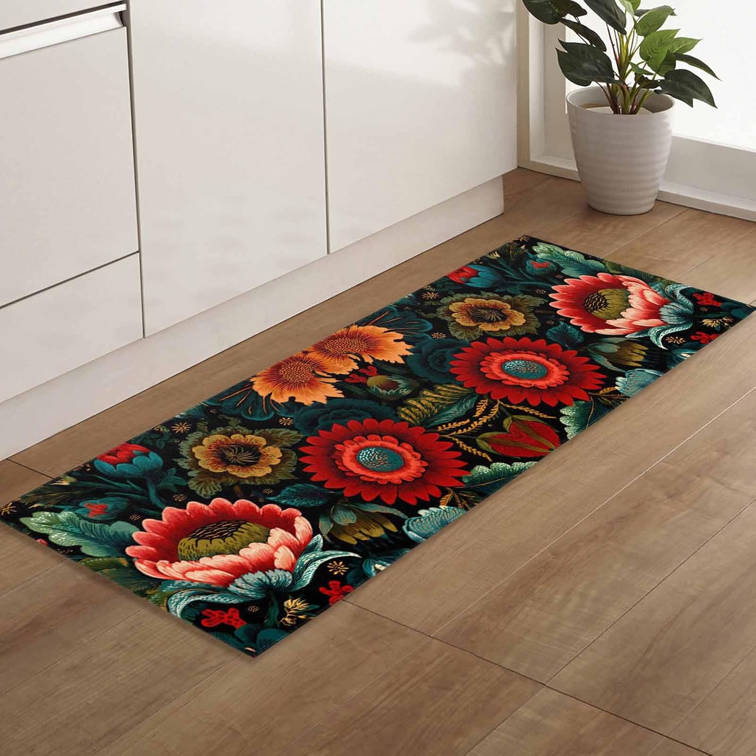 Teamery Kitchen Mats for Floor Vintage Abstract Boho Red Flowers Washable Non Slip Kitchen Rugs 1PCS, Aesthetic Floral Absorbent Standing Mats for Sink Bathroom Office Living Room 15.7x47.2in