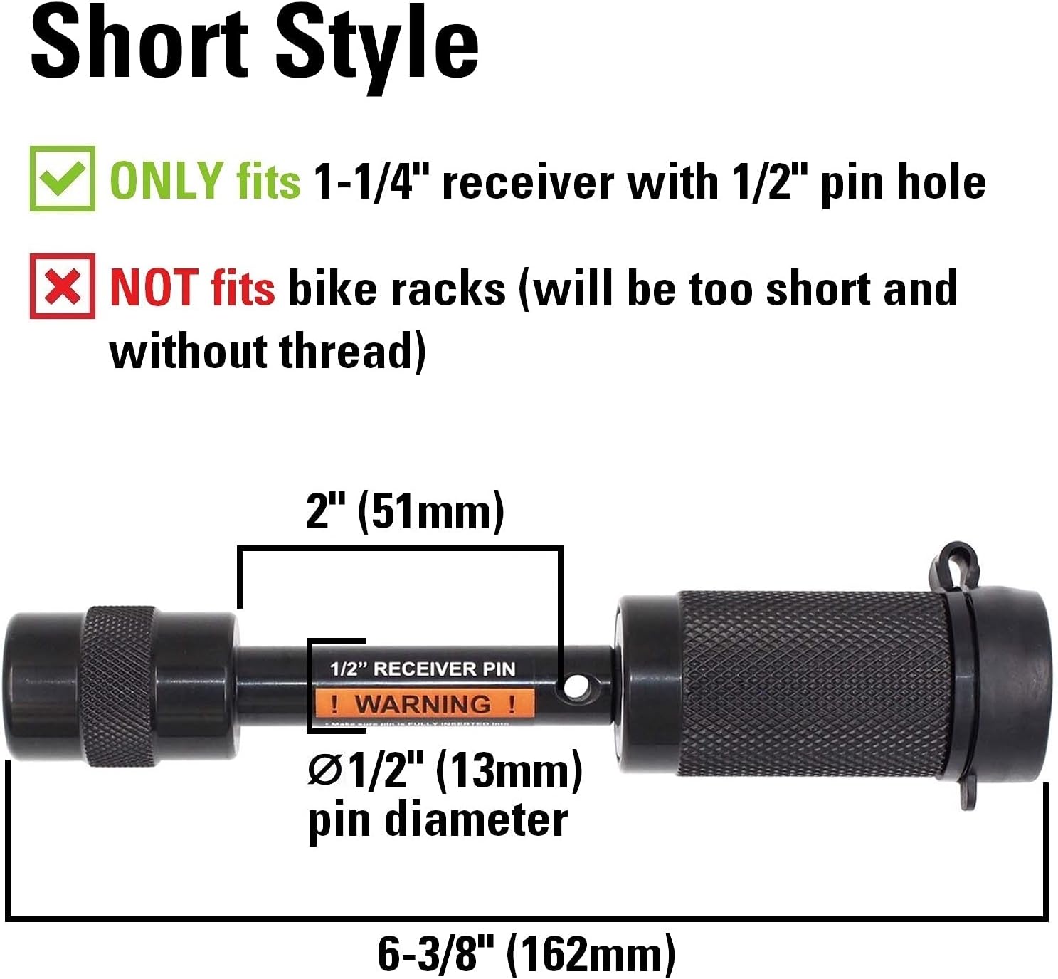TowWorks 79655 Keyed Unique 1/2" Trailer Hitch Lock with Very Short 2" Span, Double Safety Tow Hitch Receiver Locking Pin for Class I II Hitches with 1-1/4" Receivers