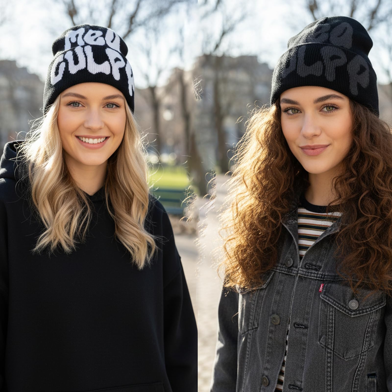 2 pezzi Y2K Beanie, berretto alla moda, MEA Culpa, berretto caldo per attività all'aperto e streetwear, accessorio streetwear, nero e grigio