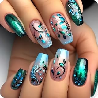 Dark Green Press on Nails Coffin Medium Fake Nails with Flower Vines Design Glossy Gel Glue on Nails Blue Gradient Acrylic False Nails Reusable Full Cover Stick on Nails for Women 24Pcs