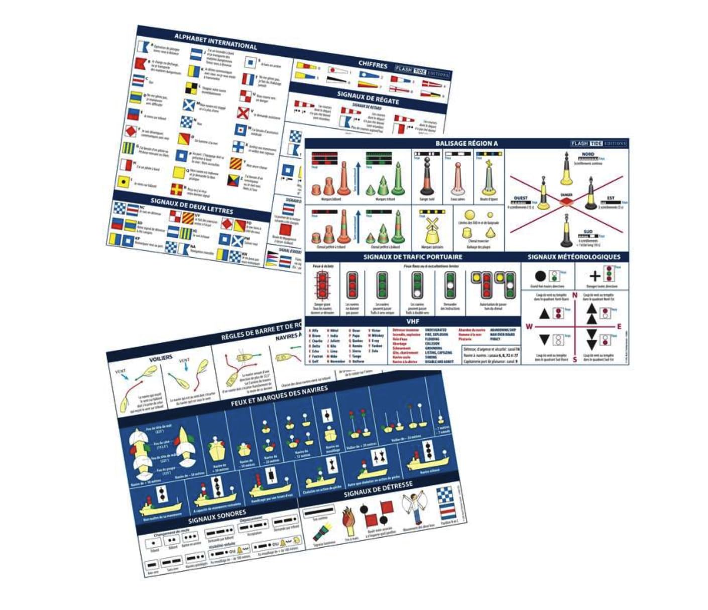 Pack de 3 Planches Adhésives A5 – Règles de Navigation + Balisage Maritime + Pavillons Maritimes et Régates - Etre en règle avec la Division 240, Conforme RIPAM