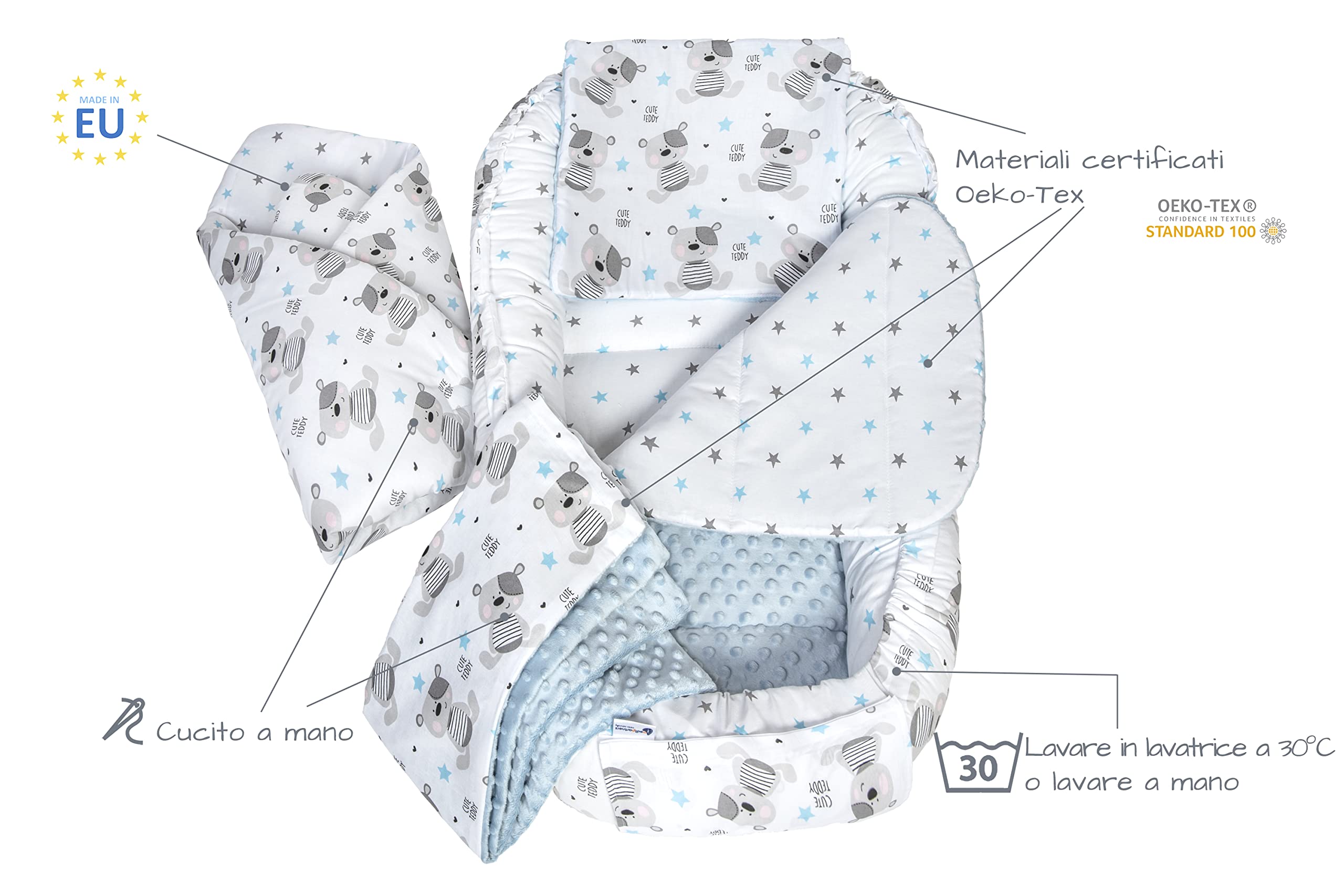 Medi Partners Riduttore Lettino Neonato - 100x60x15 Nido Antisoffoco Neonati 5-Parti Bozzolo Culla per Bebè neonata bilaterale Cuscino 100% Cotone (Teddy con Minky azzurro)