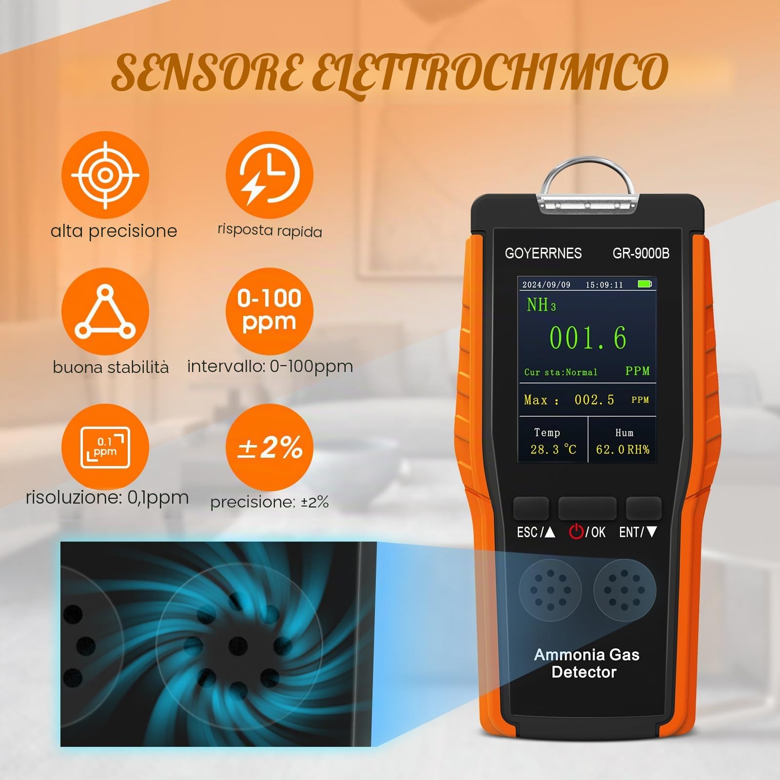 Rilevatore di gas ammoniaca Rilevatore di gas NH3 portatile con allarme Temperatura Umidità Sensore digitale per il monitoraggio continuo dell'ammoniaca Intervallo 0-100 PPM Schermo LCD Ricaricabile A
