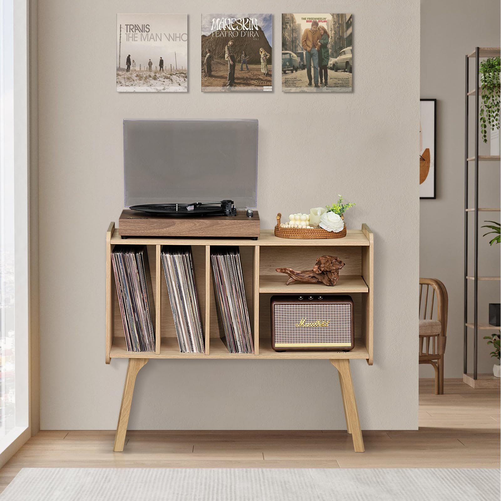 Lerliuo Record Player Stand with 4 Cabinet Holds Up to 220 Albums, Large Turntable Stand with Beech Wood Legs, Mid-Century Record Player Table,Natural Vinyl Holder Storage Shelf for Living Room