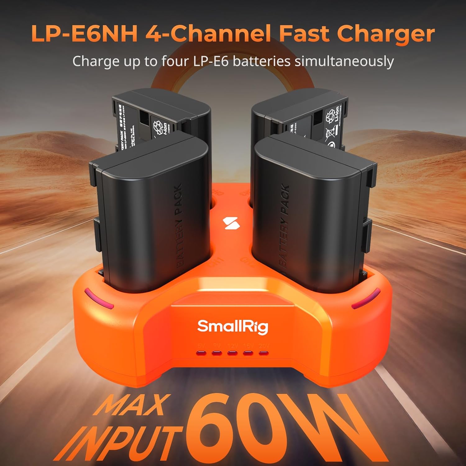 SmallRig LP-E6NH 4-Channel Fast Charger with four LP-E6 batteries inserted