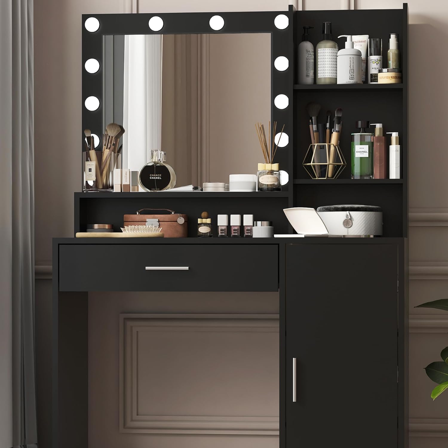 Vanity Desk with Mirror & Light, Three Level Storage Dresser & Large Drawer, 3 Lighting Modes Adjustable Brightness, Bedroom Dressing Table (Black)