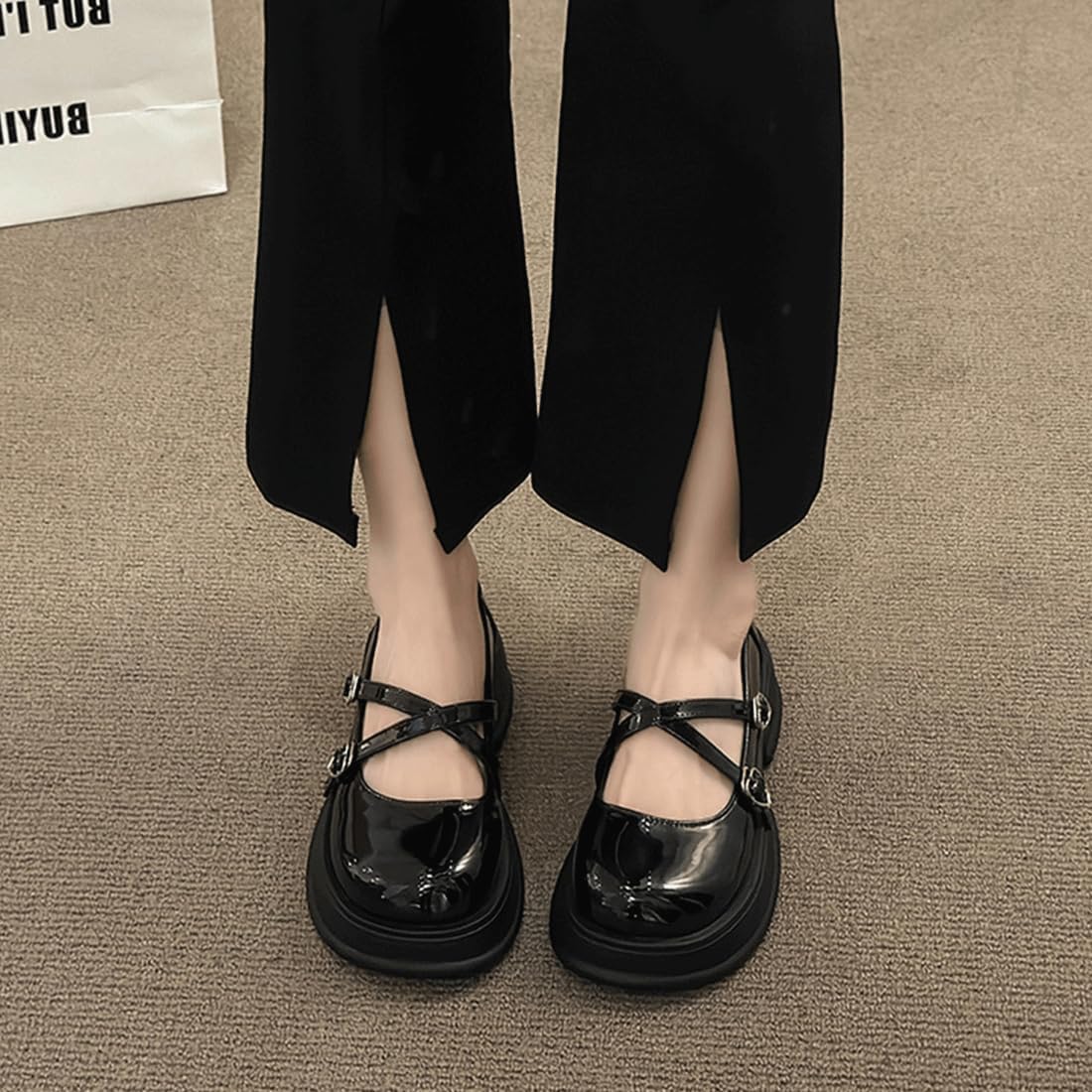 Zapatos de plataforma Mary Jane con cordones ajustables y punta redonda y suela gruesa con lazo cruzado en forma de corazón estilo gótico Harajuku Kawaii Lolita (black,40)