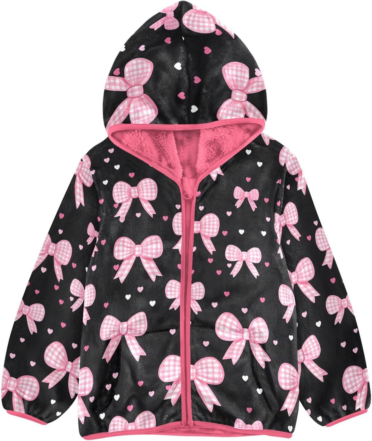 Girls Hoodie Outfit Pink Plaid Bow Heart Black Pattern Zipper Sweatshirt Coat Fleece Jacket for Kids 3-10T