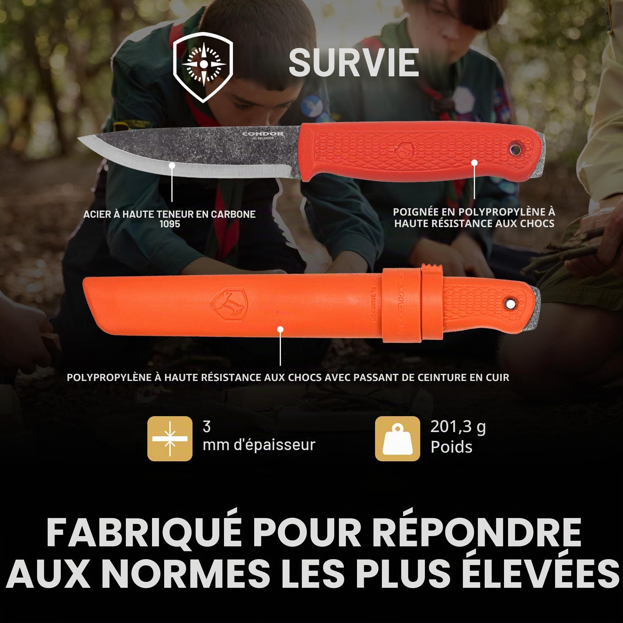 Condor Couteau Bushcraft Terrasaure Orange - Acier à haute teneur en carbone 1095 - Lame fixe Scandinave - Gaine en polypropylène résistant aux chocs