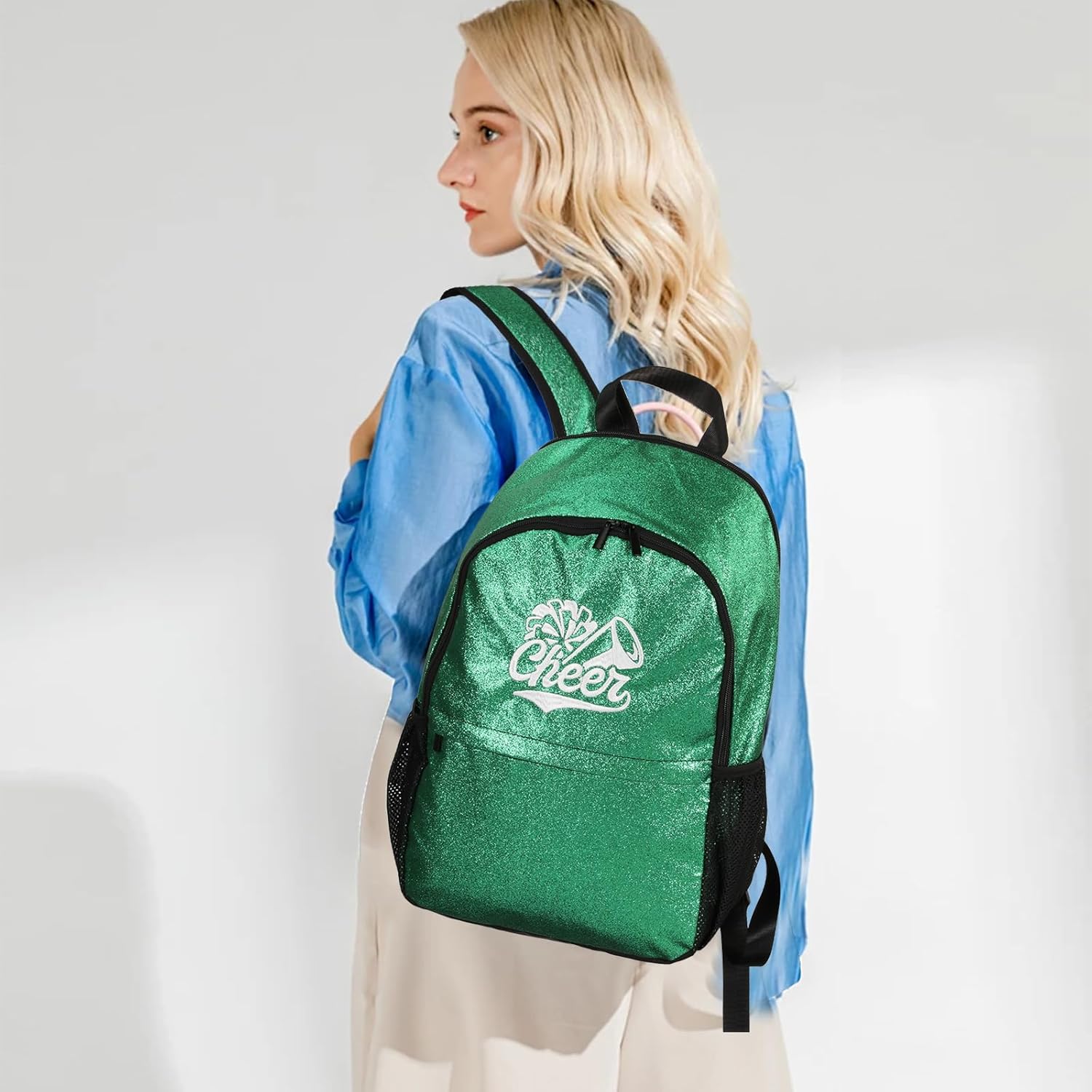 Glitter Cheer Backpack with 6 Bow Keychains - Large Sparkle Cheerleading Bags Cheerleaders Gift for Cheer Team(Green)