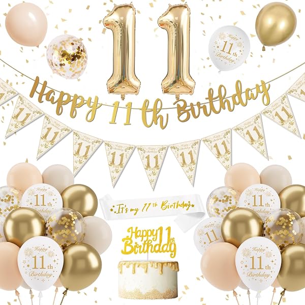 Déco Anniversaire 11 Ans Fille Garçon, Blanc Or Ballon 11 Ans, Ballon Décoration Anniversaire Banderole Joyeux Confettis Latex Ballons pour 11 Ans Fille - 1