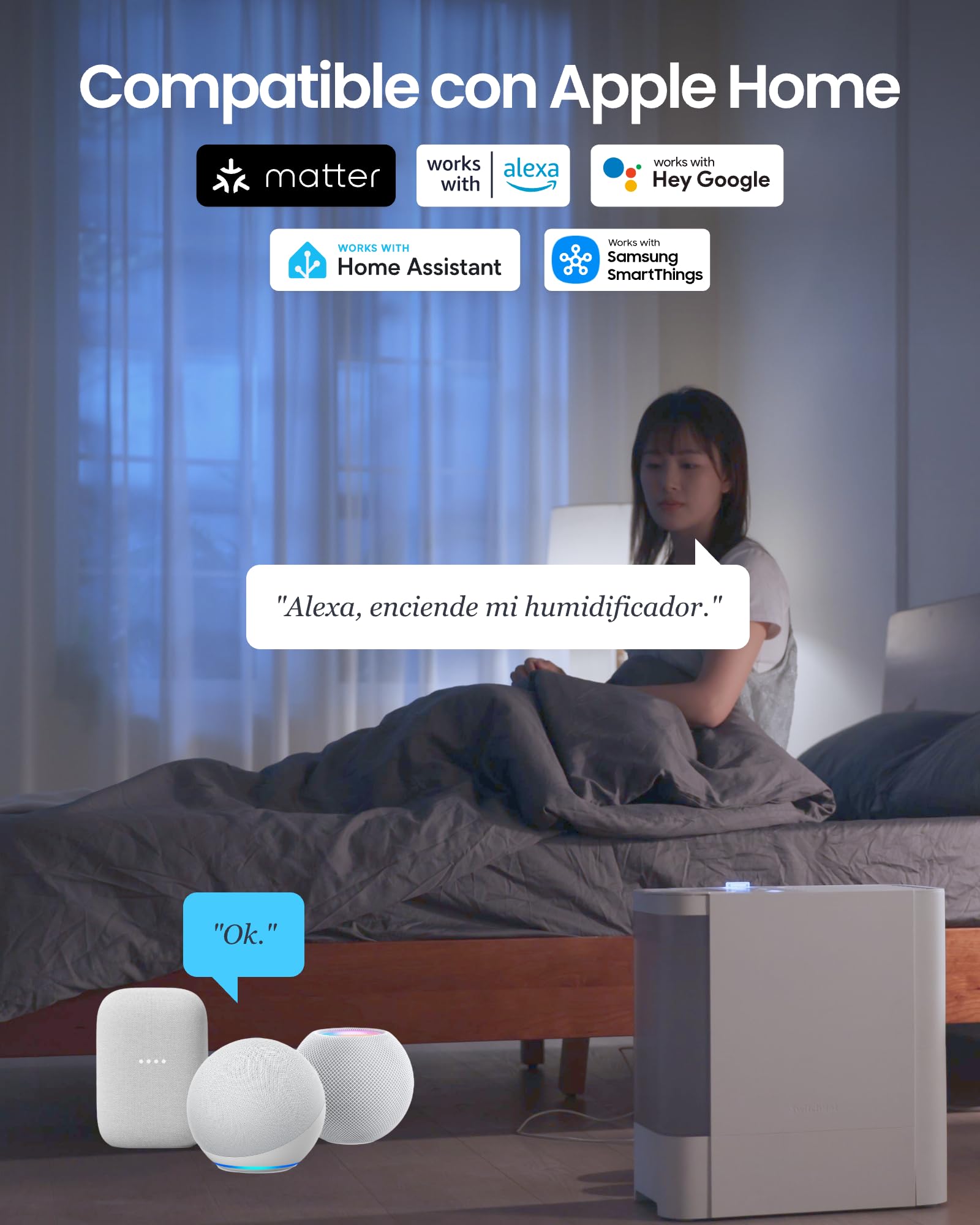 SwitchBot Humidificador Evaporativo, 750 ml/h, 4,5 l para habitaciones grandes, sin niebla, llenado por arriba, filtro lavable, silencioso para bebés, Alexa, Google Home, HomeKit y Matter