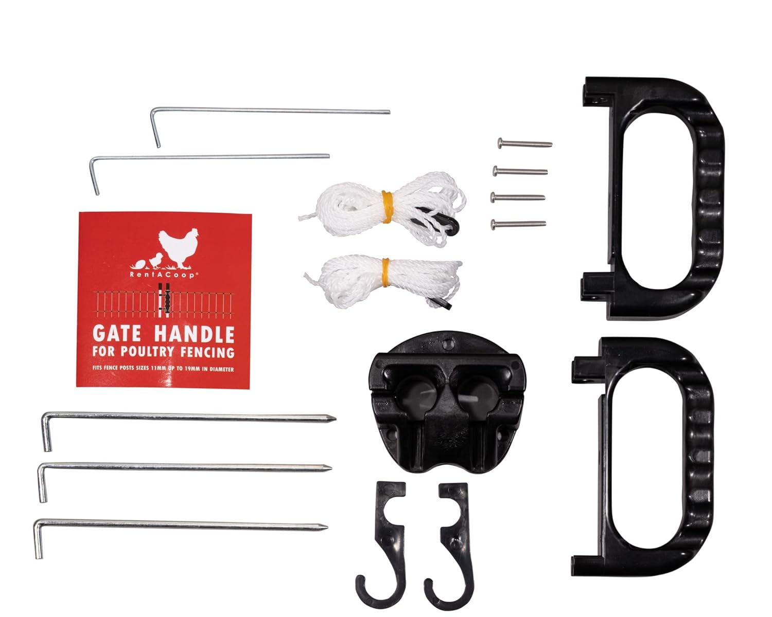 RentACoop Gate Handle Kit for Electric and Non-Electric Fencing - Includes Handles, Hooks, Stakes, Guylines, and Pegs - Posts Not Included