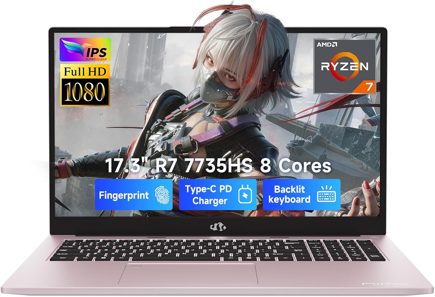 NIMO 17.3" Laptop, AMD Ryzen 7 7735HS (8C/16T, up to 4.75GHz), 16GB DDR5 RAM, 2TB PCIe 4.0 SSD, 100W PD Fast Charging, FHD Anti-Glare Display, Fingerprint, Backlit KB w/Numpad, WiFi 6, Win 11