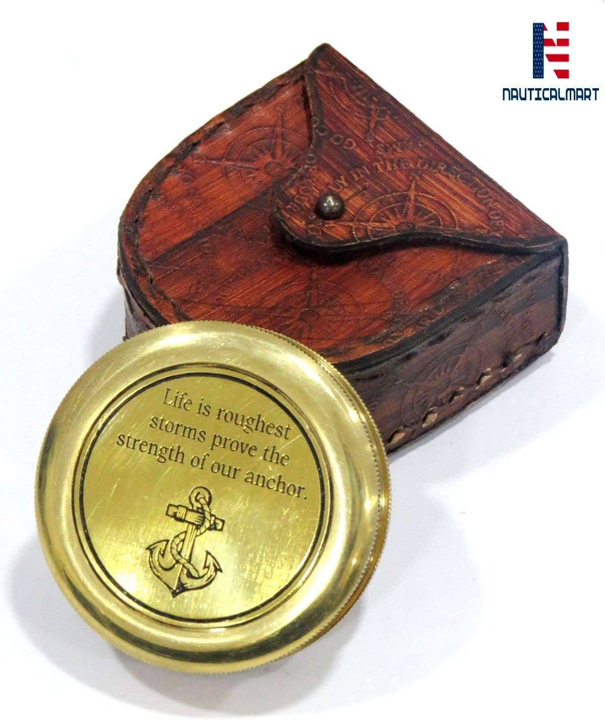 NauticalMart Solid Brass Pocket Compass Quote Engraved Compass with Case
