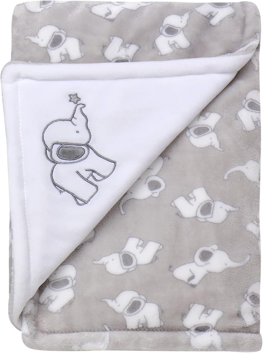 Little Me Plush 2-Ply Baby Blanket with Embroidery, 2 Sided Reversible, 30" x 40" (Grey Elephant)