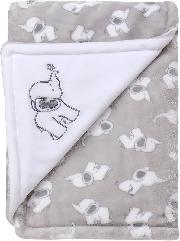 Little Me Plush 2-Ply Baby Blanket with Embroidery, 2 Sided Reversible, 30" x 40" (Grey Elephant)