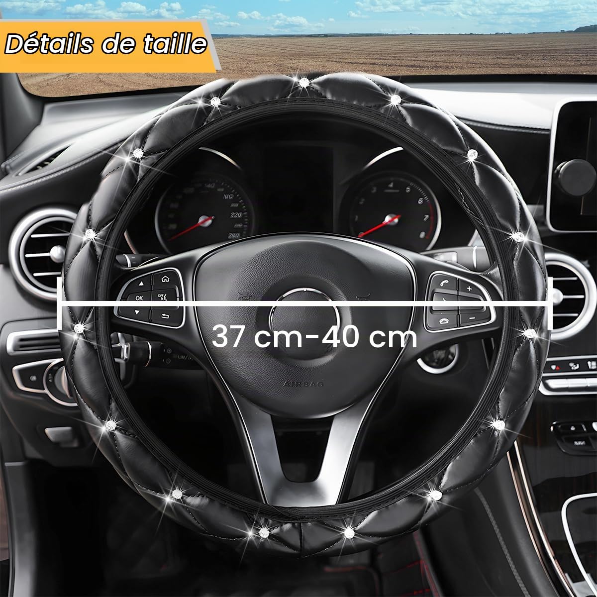 JNNJ Couvre Volant Universelle, Anti-Dérapant Couvre Volant Bling Diamant Glitter, Housse en Cuir avec Strass en Cristal, 37-38cm Protege Volant Voiture à Paillette Diamant pour Femmes(Noir)
