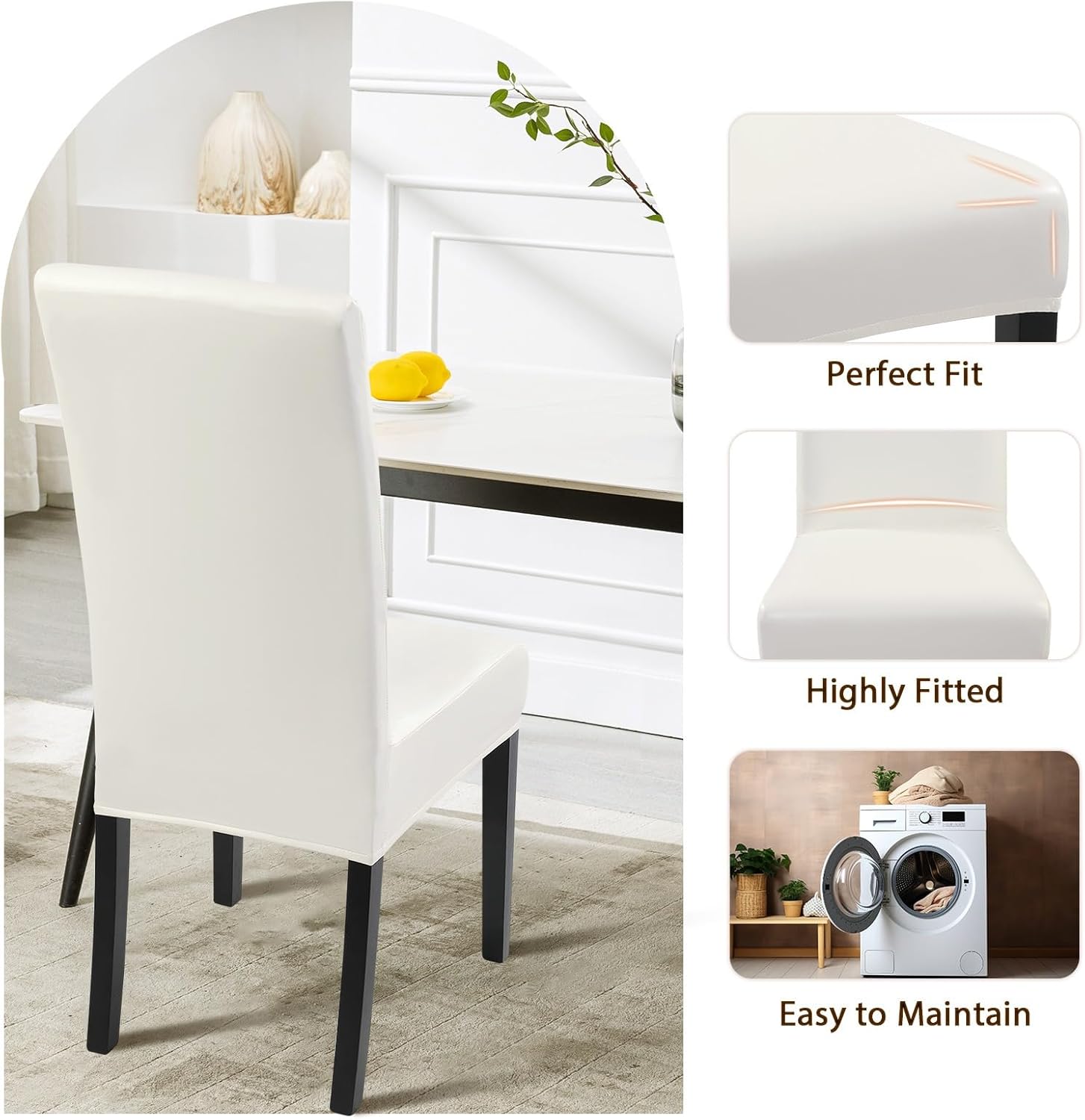 SearchI Waterproof PU Leather Dining Chair Covers Set of 6, Stretch Oilproof Parsons Chair Slipcovers Removable Washable Kitchen Chair Protector for Dining Room (Cream)