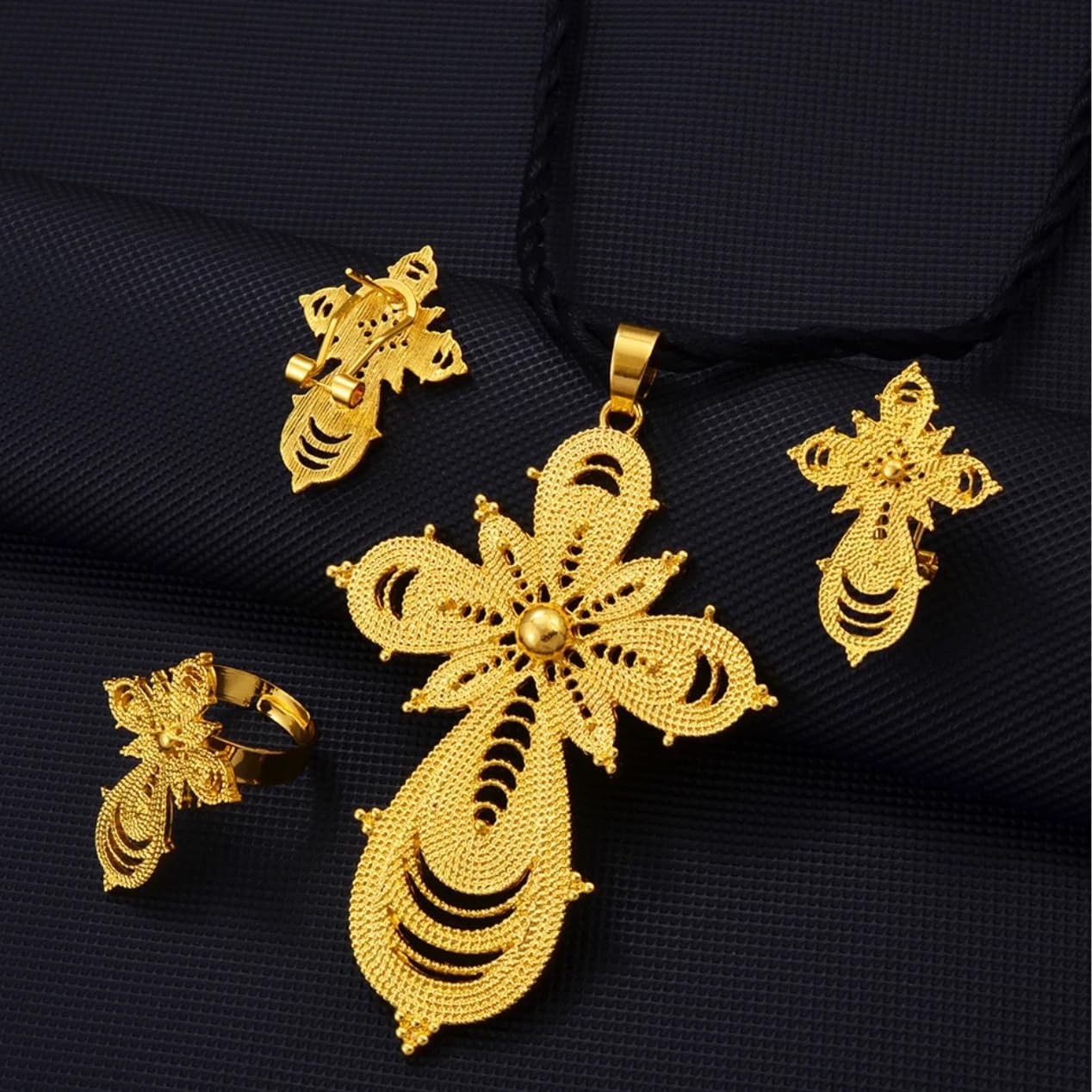 Ethiopian Jewelry Sets Cross Pendant Necklaces Earrings Rings African Eritrean Wedding Accessories, Ethiopia Eritrea Ethnic Jewelry Sets with Cross Pendant Earrings Rings for Women