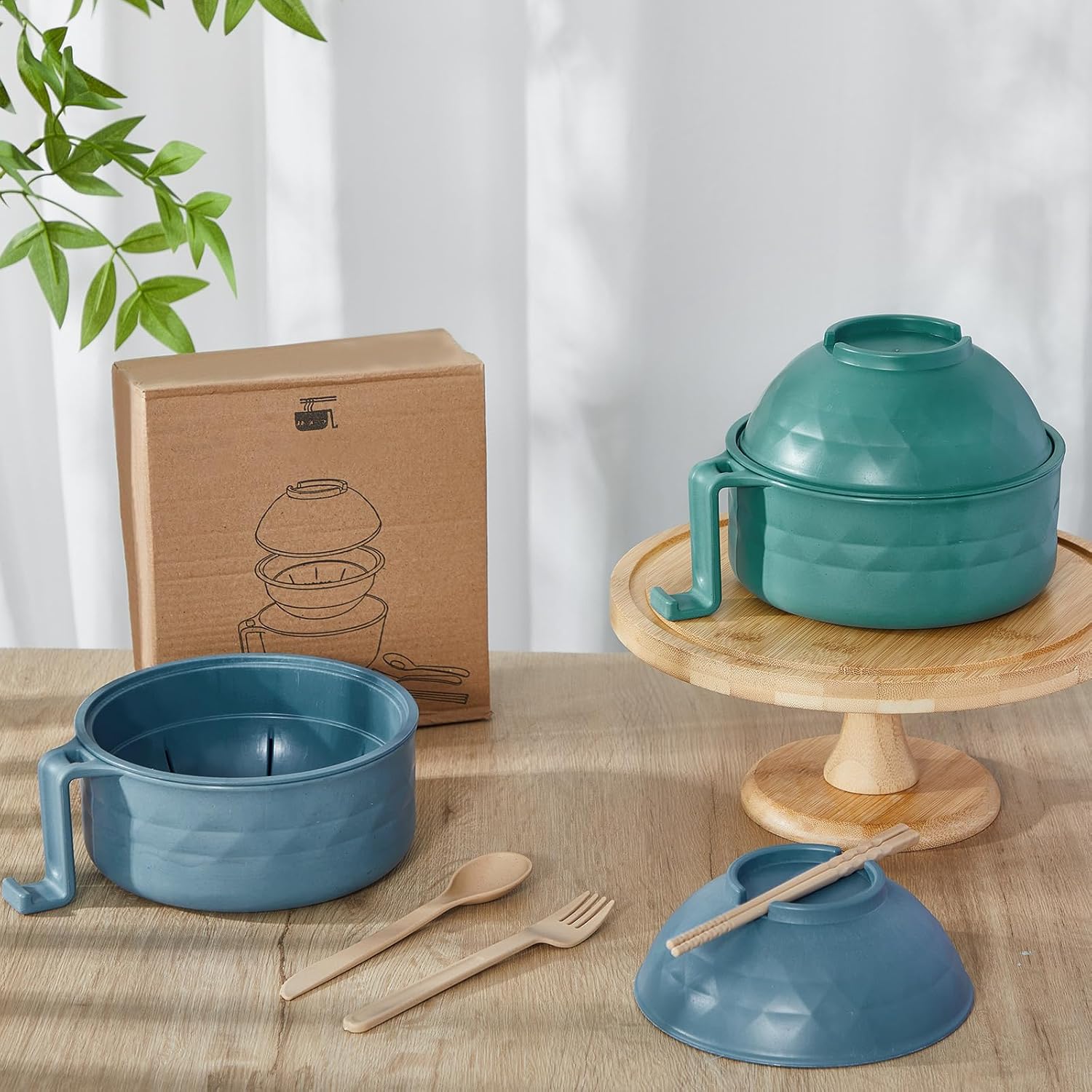 2 Sets 40 oz Microwave Ramen Bowl with Handles, Dark Green,Dark Blue
