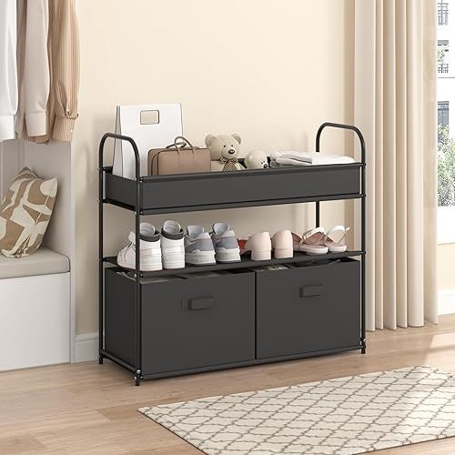 Miniatura 5 de Sywhitta Organizador de almacenamiento de armario de 3 niveles, estante de almacenamiento con 2 cajas de almacenamiento plegables, estante de